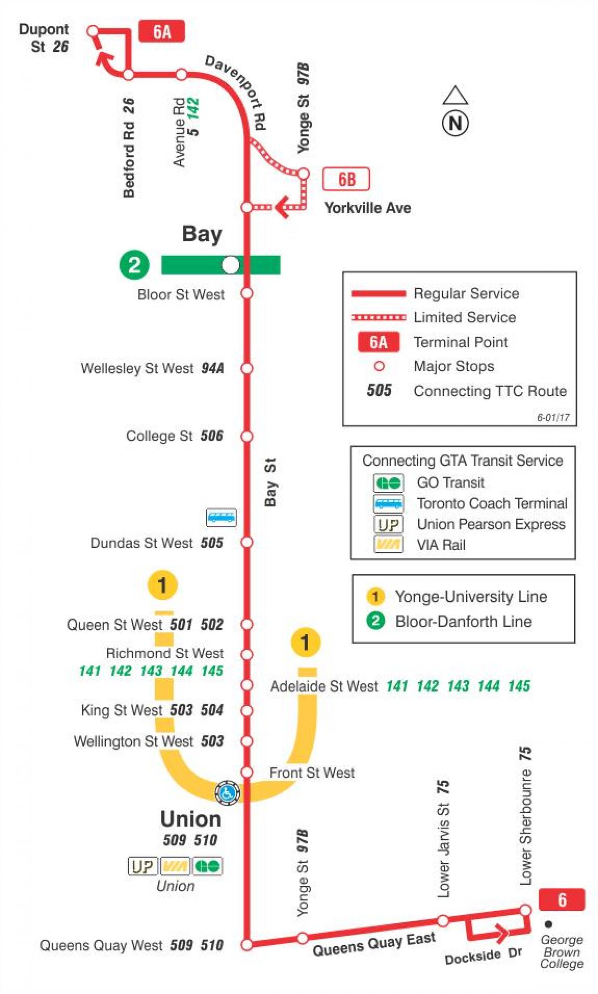 Kart av TTC-6 Bay buss rute Toronto