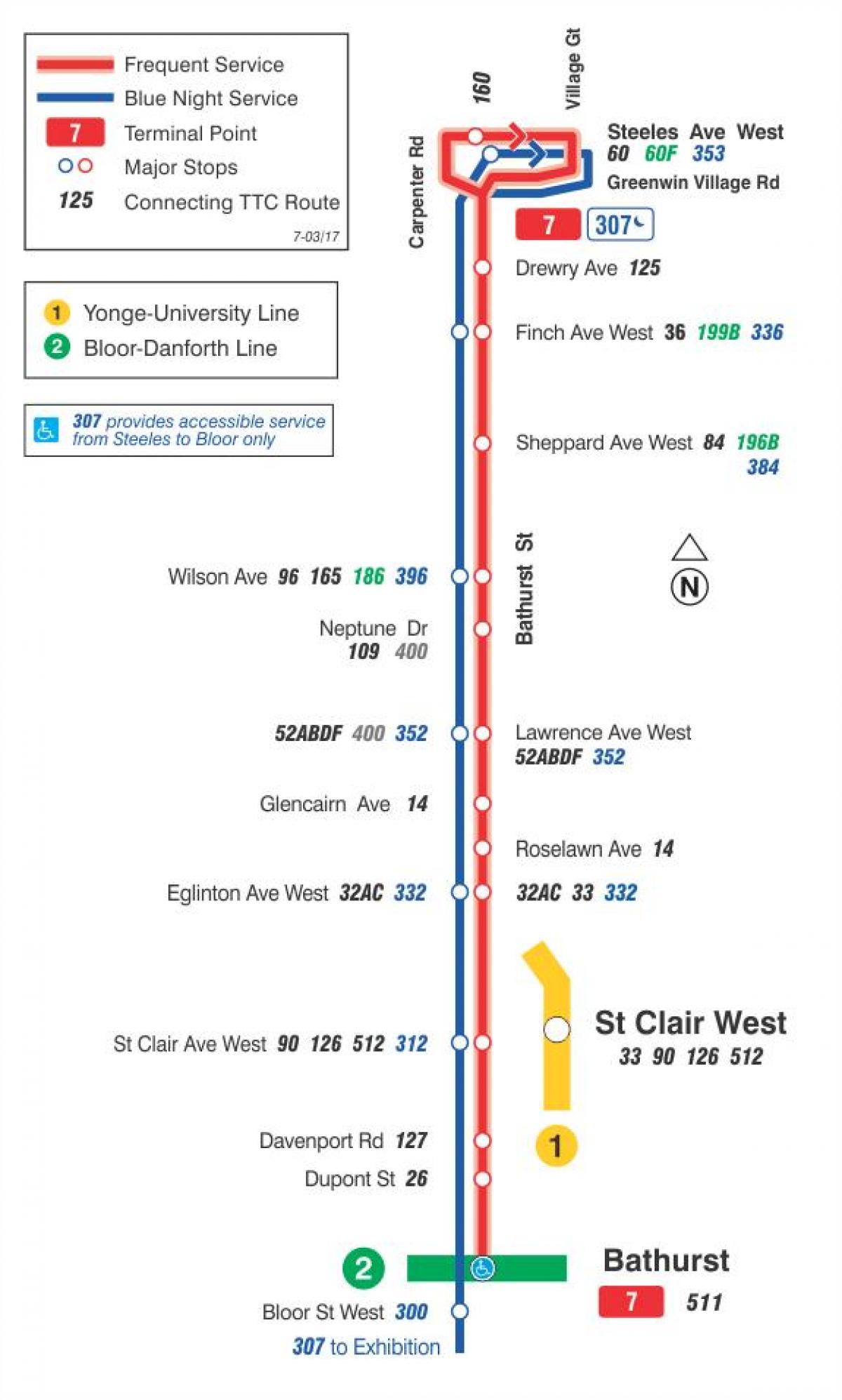 Kart av TTC-7 Bathurst buss rute Toronto