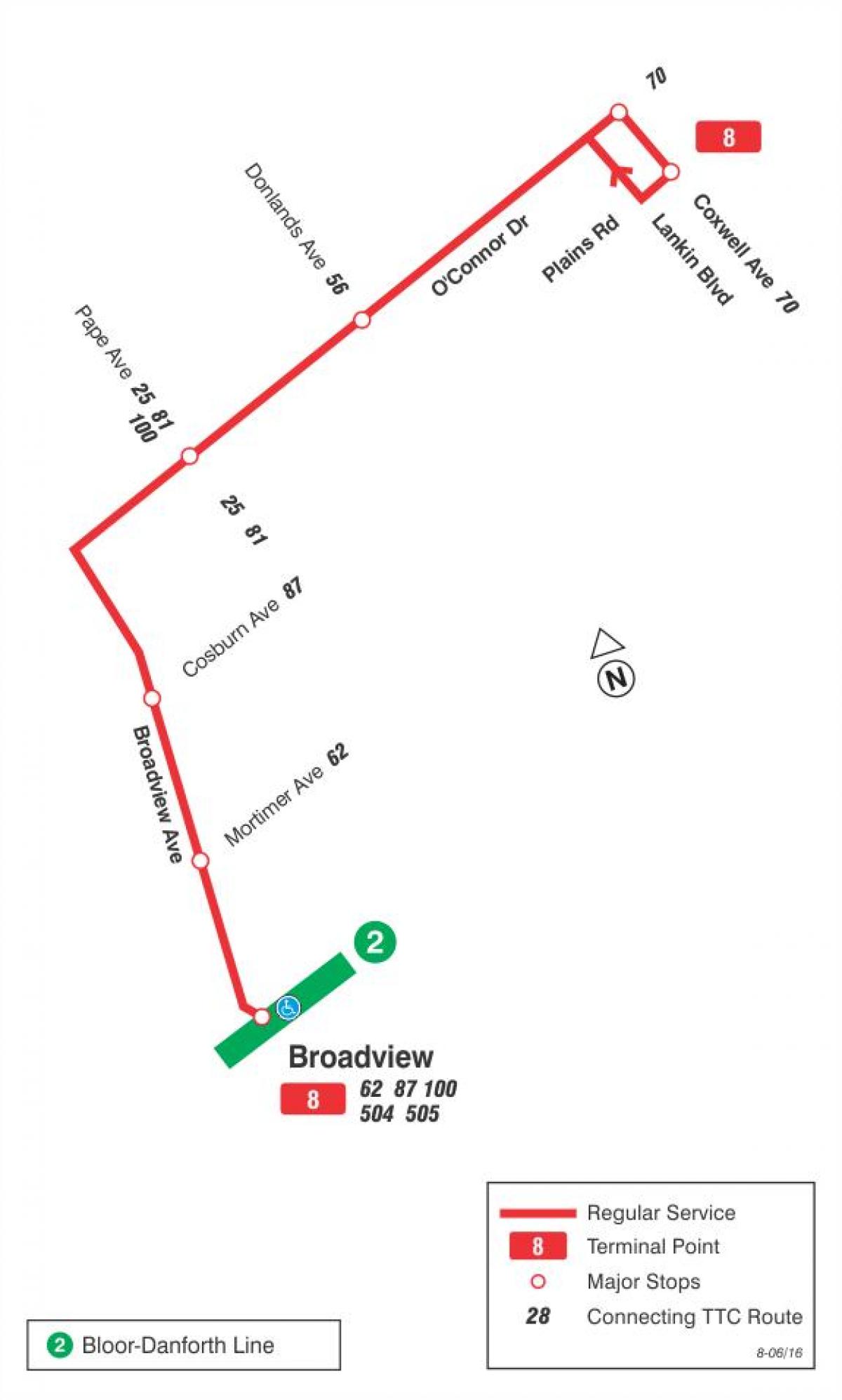 Kart av TTC-8 Broadview buss rute Toronto