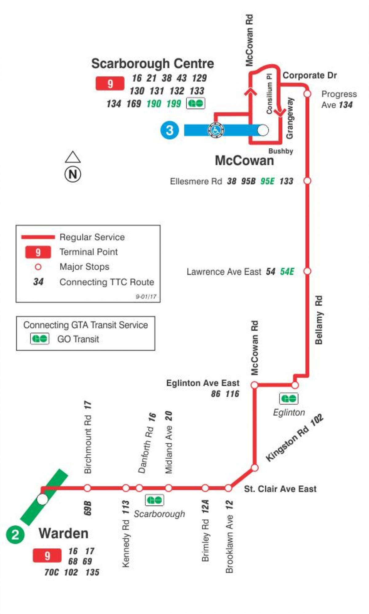 Kart av TTC-9 Bellamy buss rute Toronto