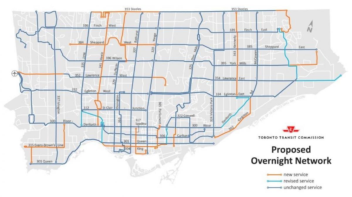 Kart av TTC over natten nettverk Toronto