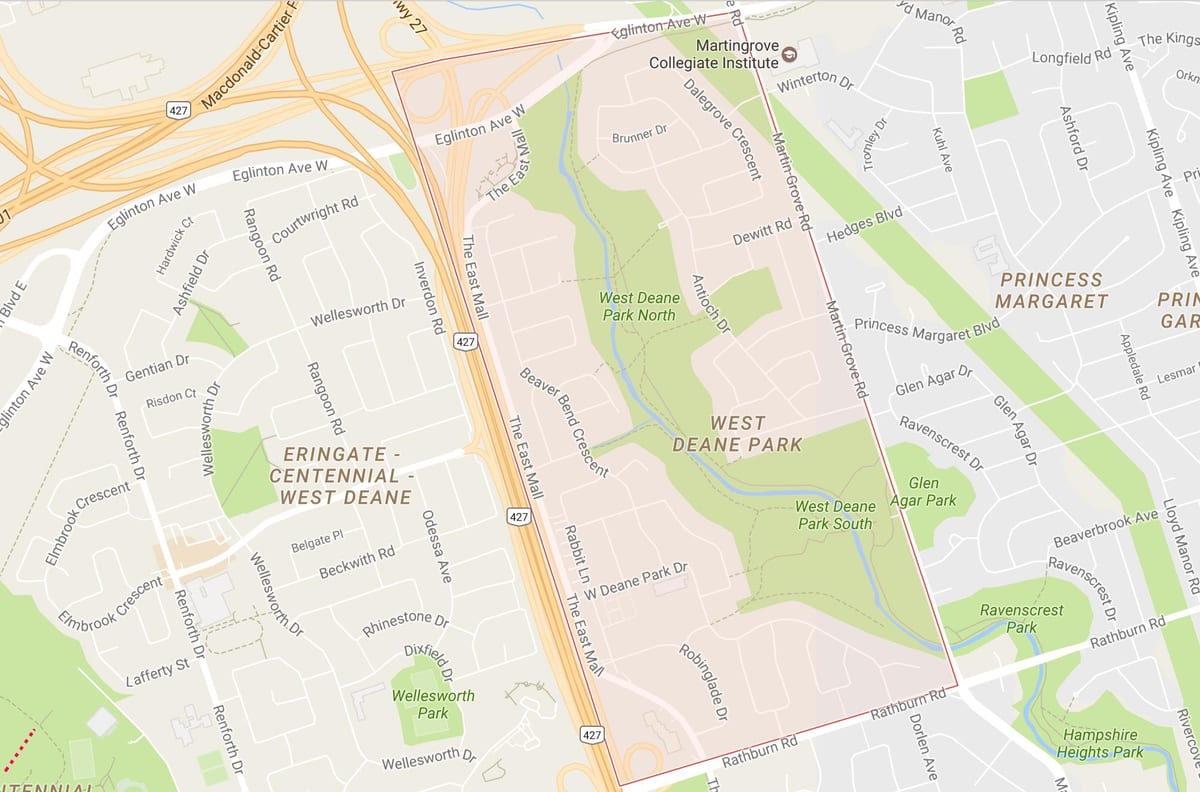 Kart over Vest Deane Park-området i Toronto