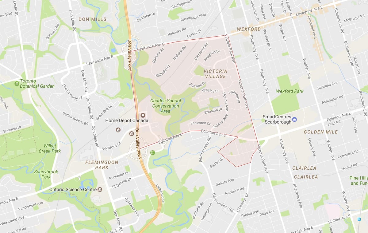 Kart over Victoria Village-området i Toronto