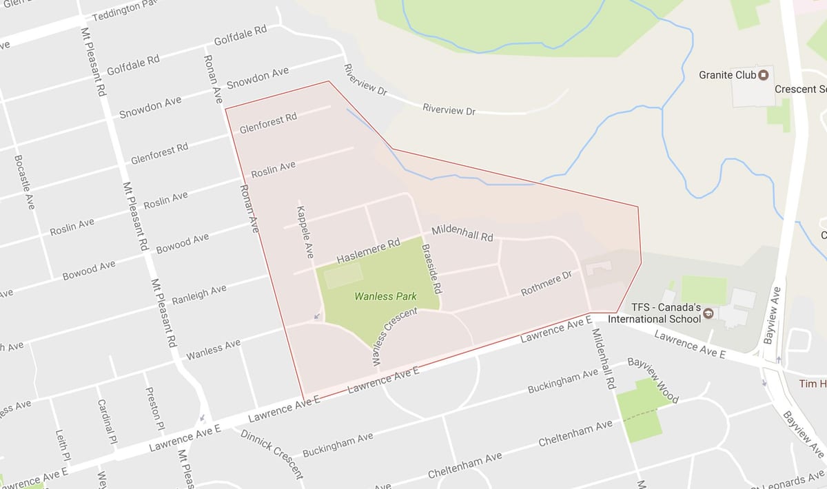Kart over Wanless Park-området i Toronto