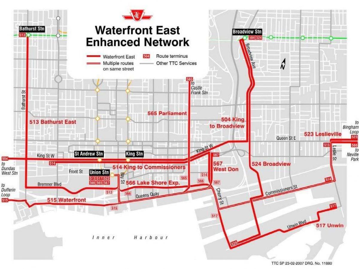 Kart over Waterfront Øst forbedret nettverk Toronto