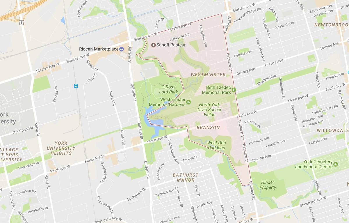 Kart av Westminster–Branson-området i Toronto