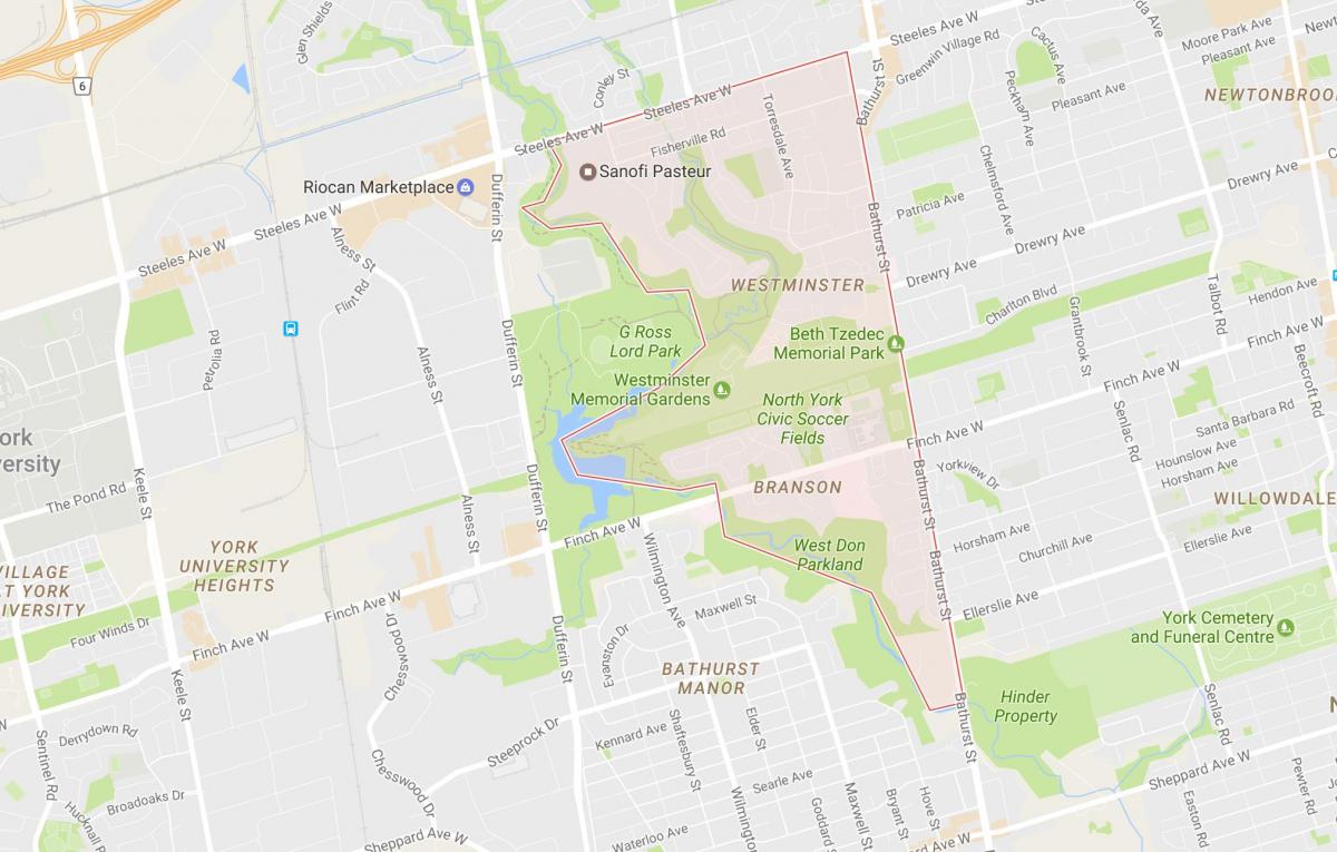 Kart av Westminster–Branson-området i Toronto
