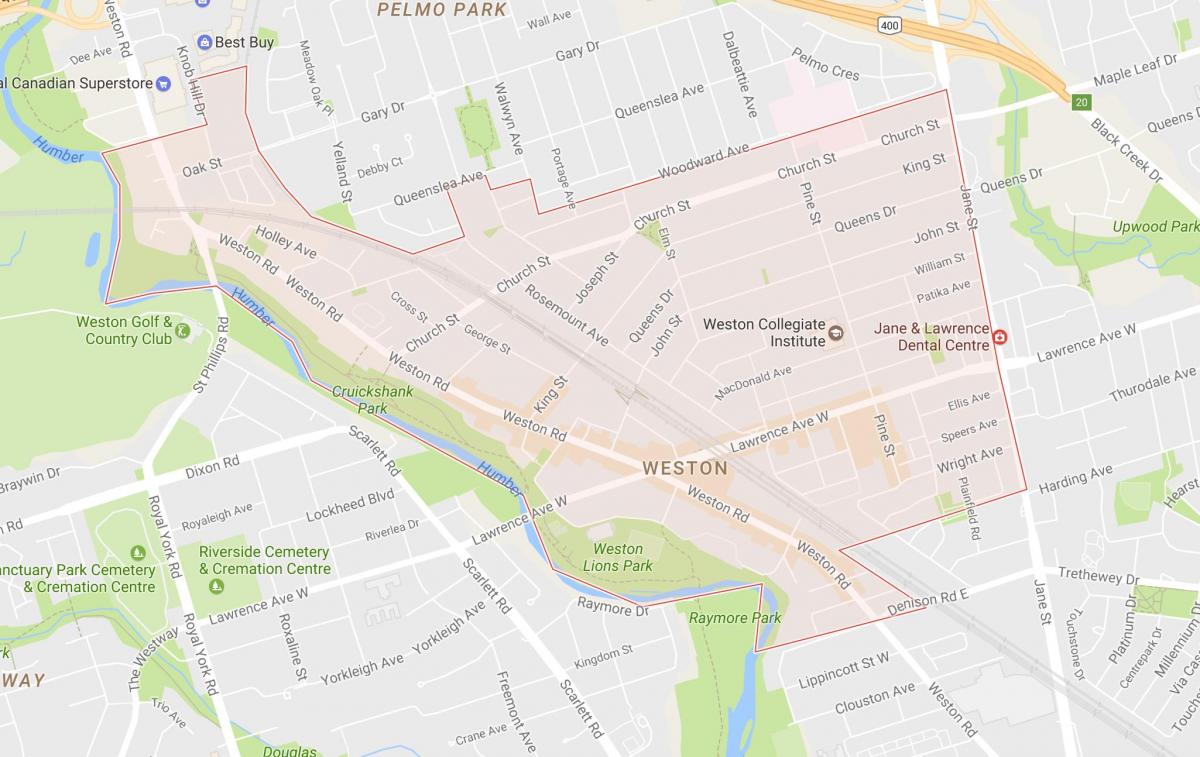 Kart av Weston-området i Toronto