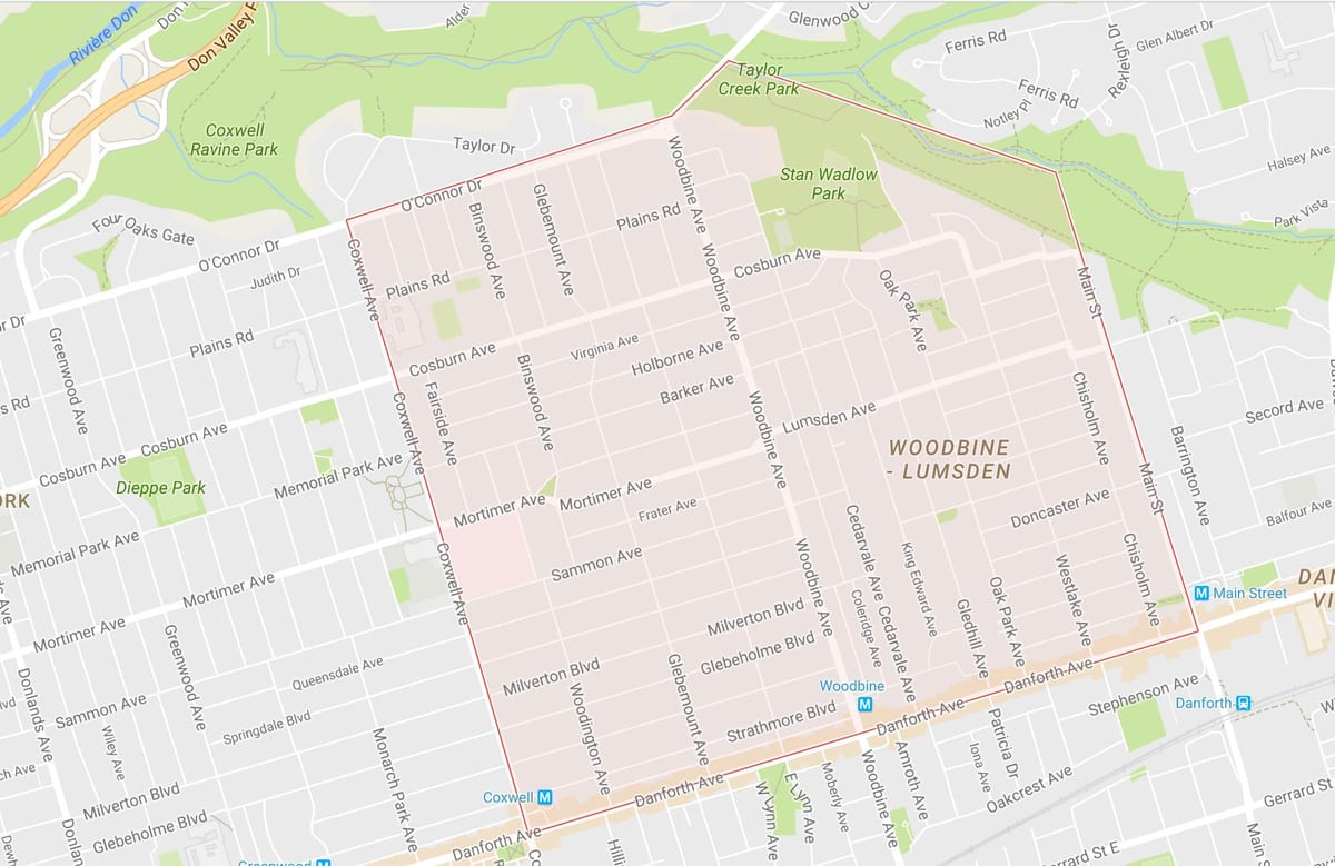 Kart av Woodbine Heights-området i Toronto