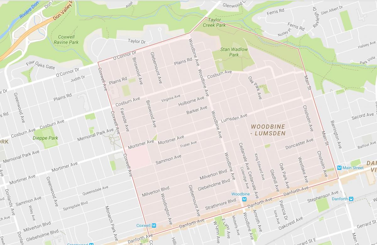 Kart av Woodbine Heights-området i Toronto