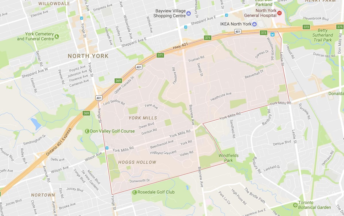 Kart av York Mills-området i Toronto