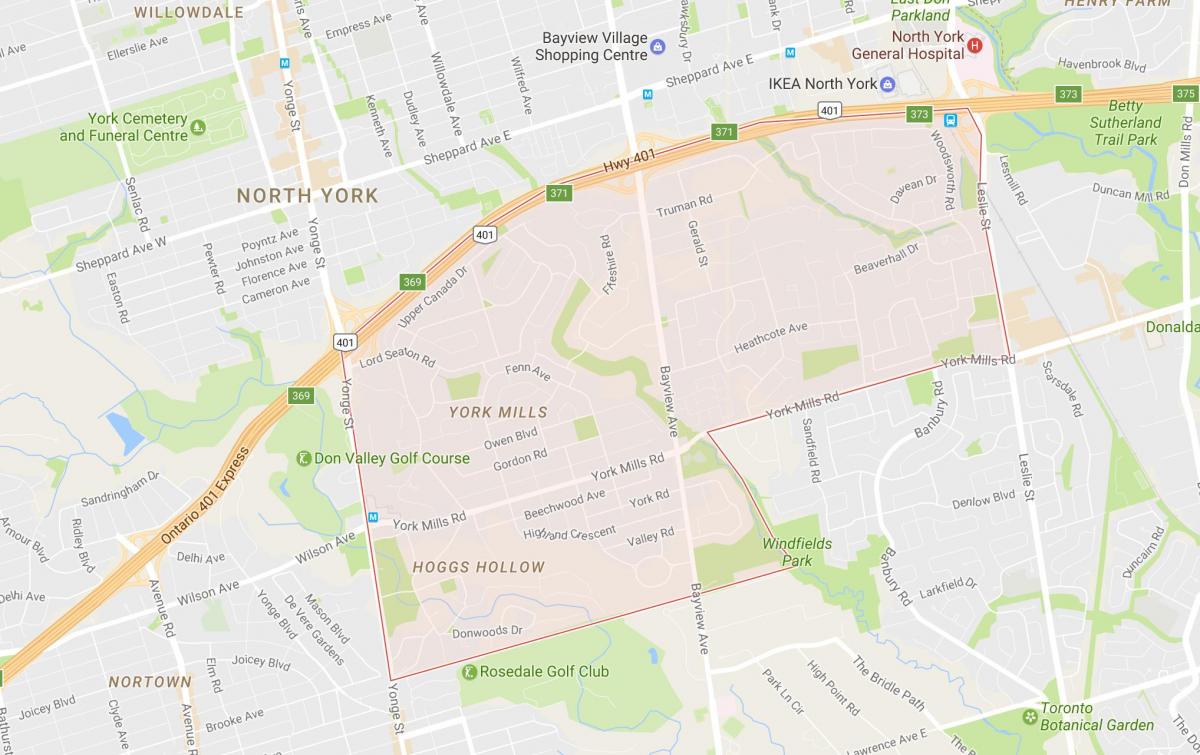 Kart av York Mills-området i Toronto