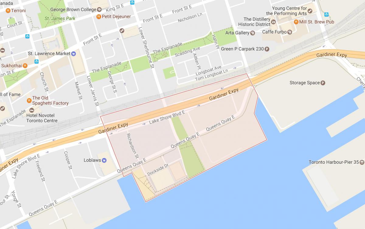 Kart over Øst Bayfront-området i Toronto