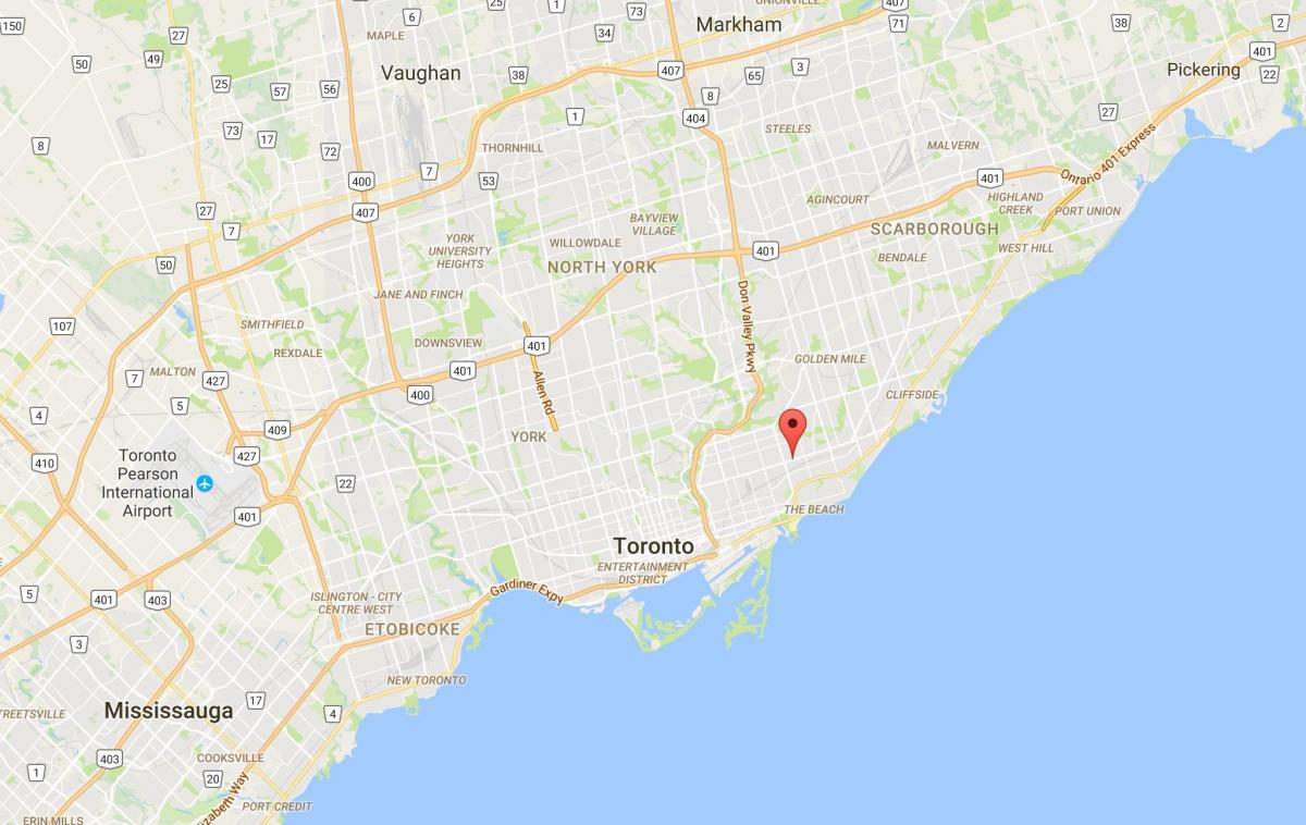 Kart over Øst Danforth-distriktet Toronto