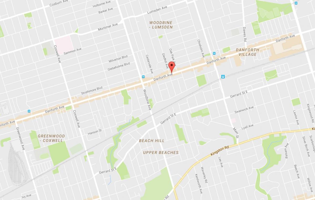 Kart over Øst Danforth-området i Toronto