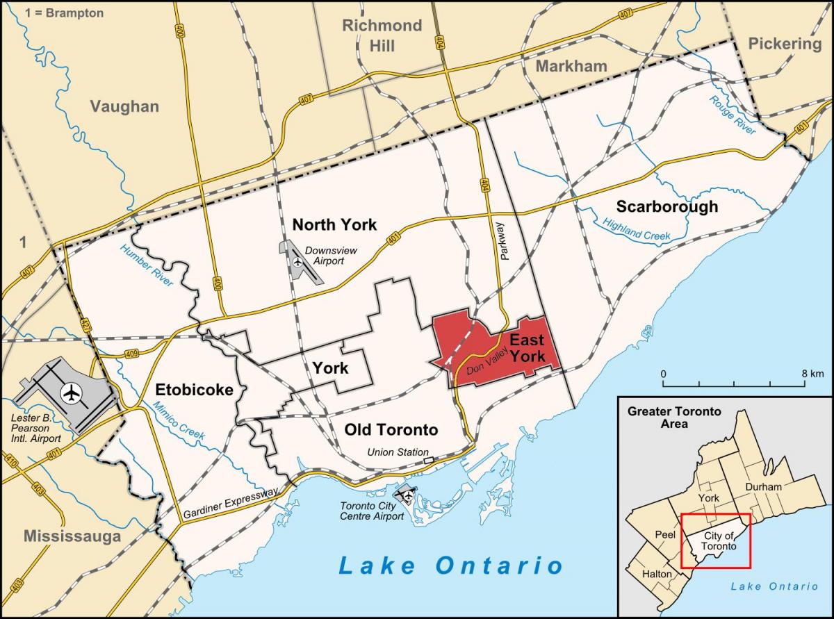 Kart over Øst York Toronto