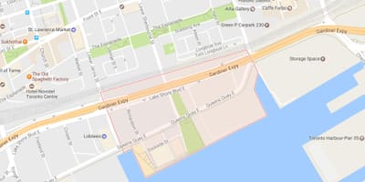 Kart over Øst Bayfront-området i Toronto
