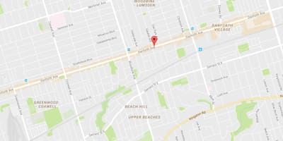 Kart over Øst Danforth-området i Toronto
