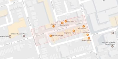 Kart av Baldwin Village-området i Toronto