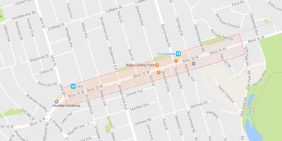 Kart over Bloor West Village-området i Toronto