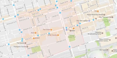 Kart av Fashion District-området i Toronto