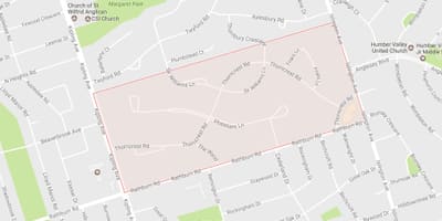 Kart over Thorncrest Village-området-området i Toronto