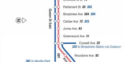 Kart av trikk linje 502 Downtowner