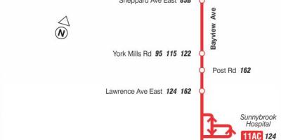 Kart av TTC-11 Bayview buss rute Toronto
