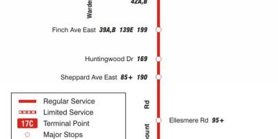 Kart av TTC-17 Birchmount buss rute Toronto