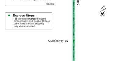 Kart av TTC-188 Kipling Sør-Rakett buss rute Toronto