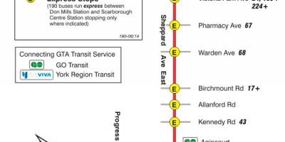 Kart av TTC-190 Scarborough Sentrum Rakett buss rute Toronto