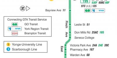 Kart av TTC-199 Finch Rakett buss rute Toronto