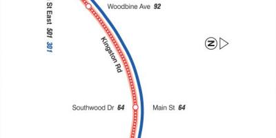 Kart av TTC-22 Coxwell buss rute Toronto