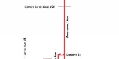 Kart av TTC-31 Greenwood buss rute Toronto