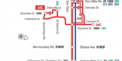 Kart av TTC-34 Eglinton Øst buss rute Toronto