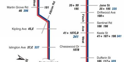Kart av TTC-36 Finch Vest buss rute Toronto