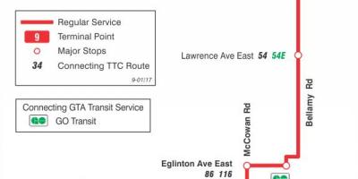 Kart av TTC-9 Bellamy buss rute Toronto