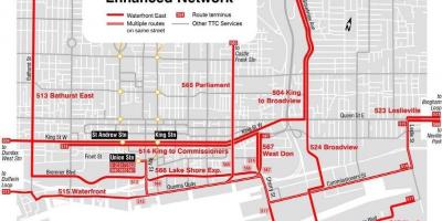 Kart over Waterfront Øst forbedret nettverk Toronto
